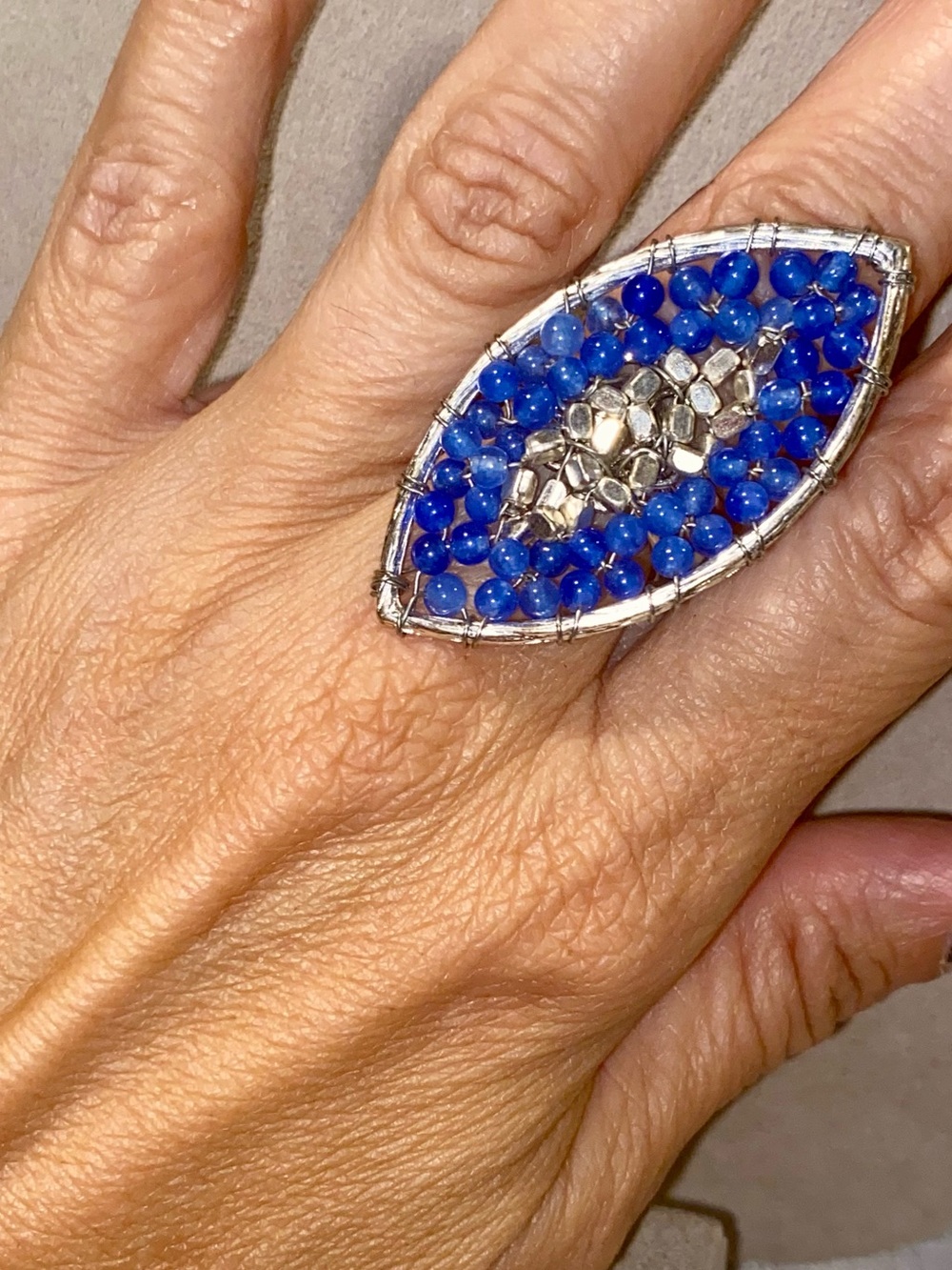 Handmade Blue Beaded Marquise Statement Ring - Women Jewelry